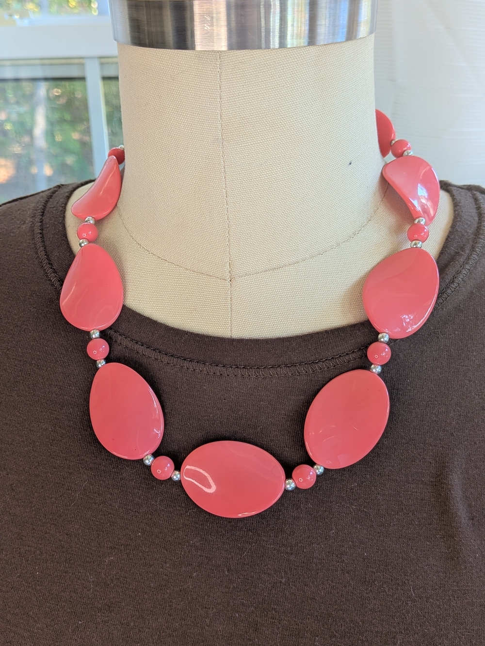 Coral Pink Resin Slab & Round Bead Statement Necklace Chunky Summer Beach